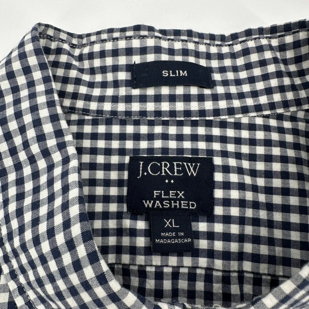 J Crew Flex Washed Slim Fit Gingham Shirt Mens XL Navy Blue White Long Sleeve‎